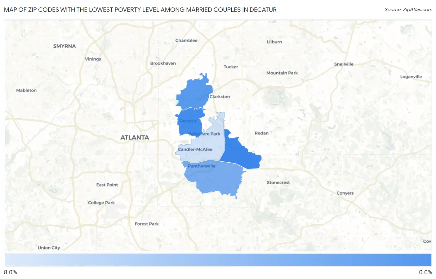 Zip Codes with the Lowest Poverty Level Among Married Couples in Decatur Map