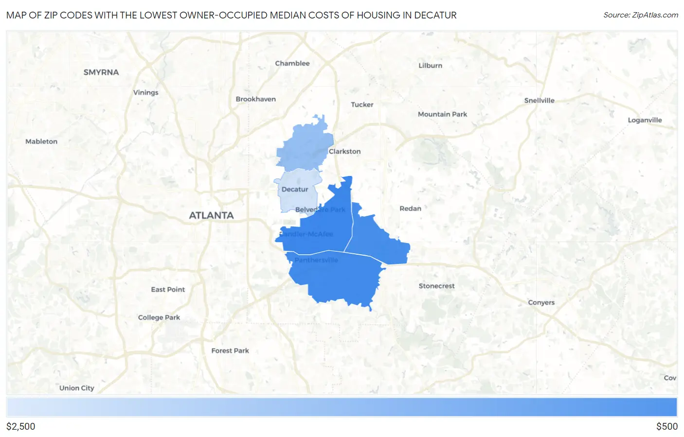 Zip Codes with the Lowest Owner-Occupied Median Costs of Housing in Decatur Map