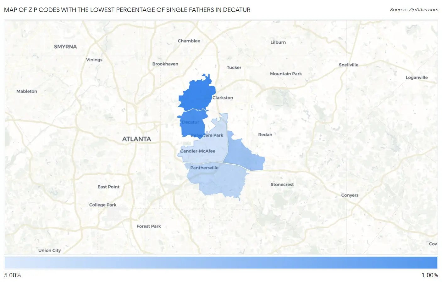 Zip Codes with the Lowest Percentage of Single Fathers in Decatur Map