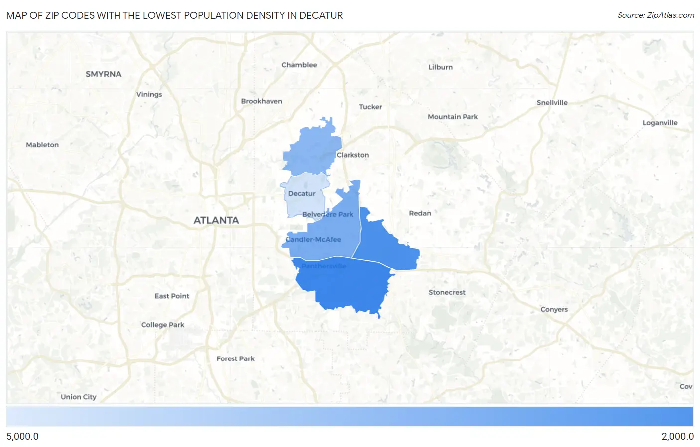 Zip Codes with the Lowest Population Density in Decatur Map