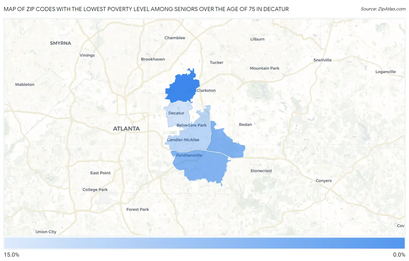 Zip Codes with the Lowest Poverty Level Among Seniors Over the Age of 75 in Decatur Map