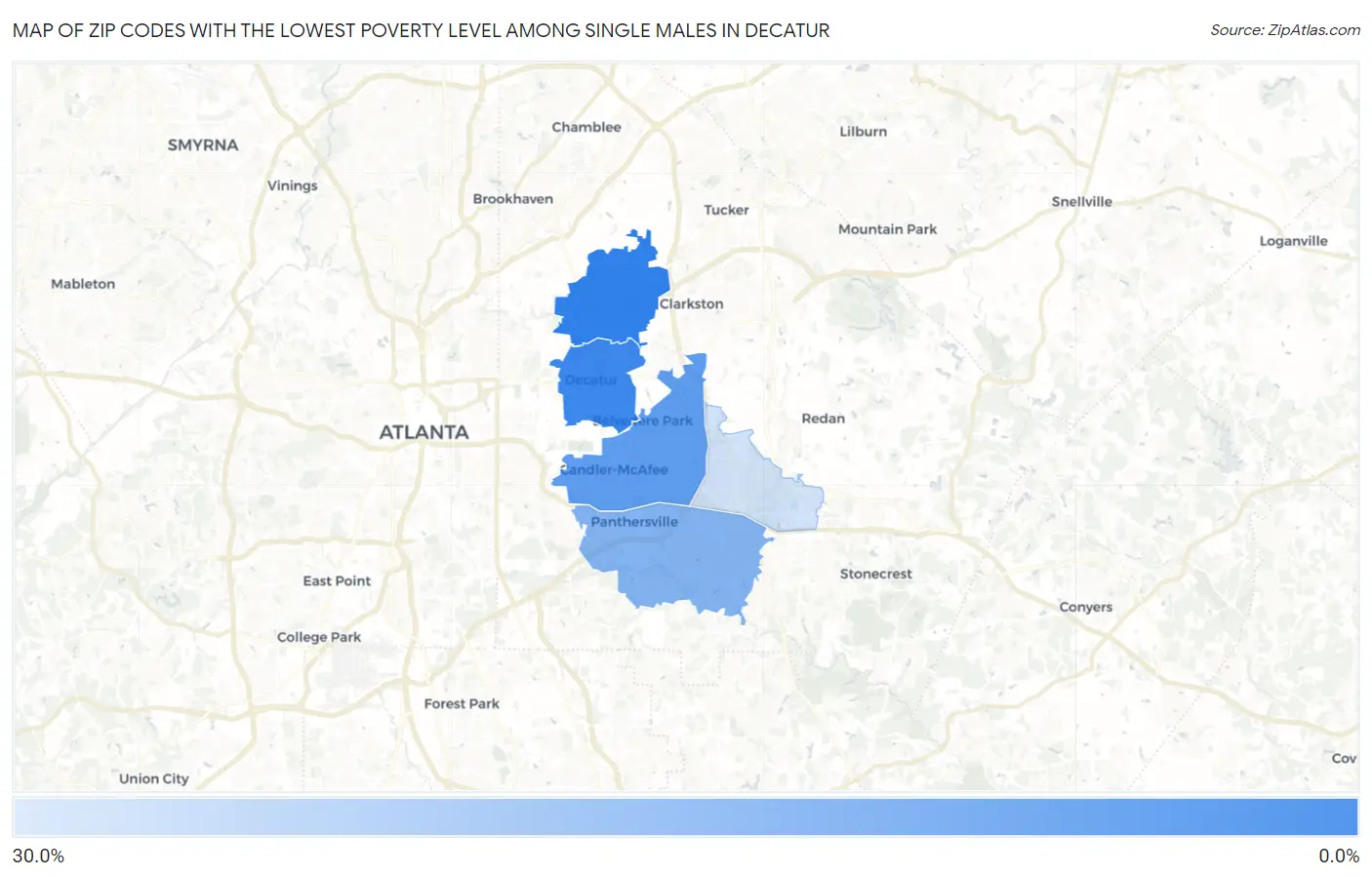 Zip Codes with the Lowest Poverty Level Among Single Males in Decatur Map