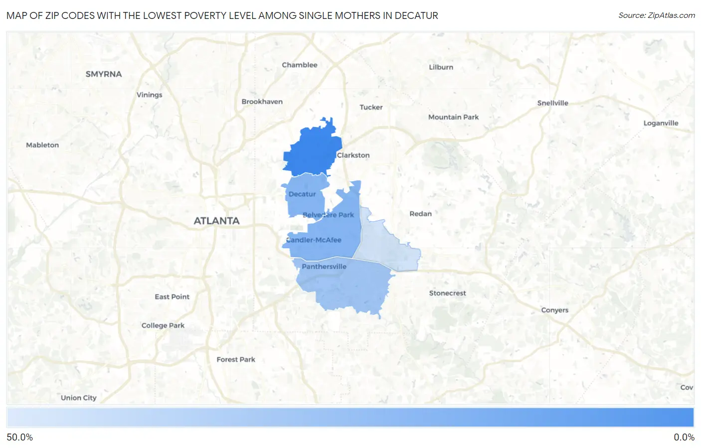 Zip Codes with the Lowest Poverty Level Among Single Mothers in Decatur Map