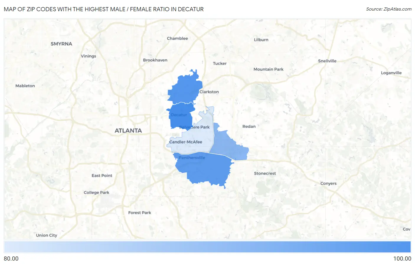 Zip Codes with the Highest Male / Female Ratio in Decatur Map