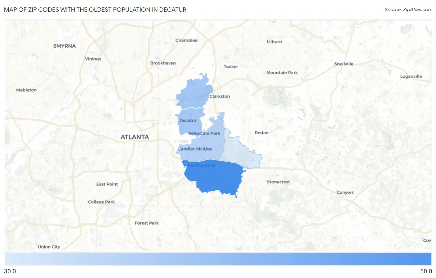 Zip Codes with the Oldest Population in Decatur Map
