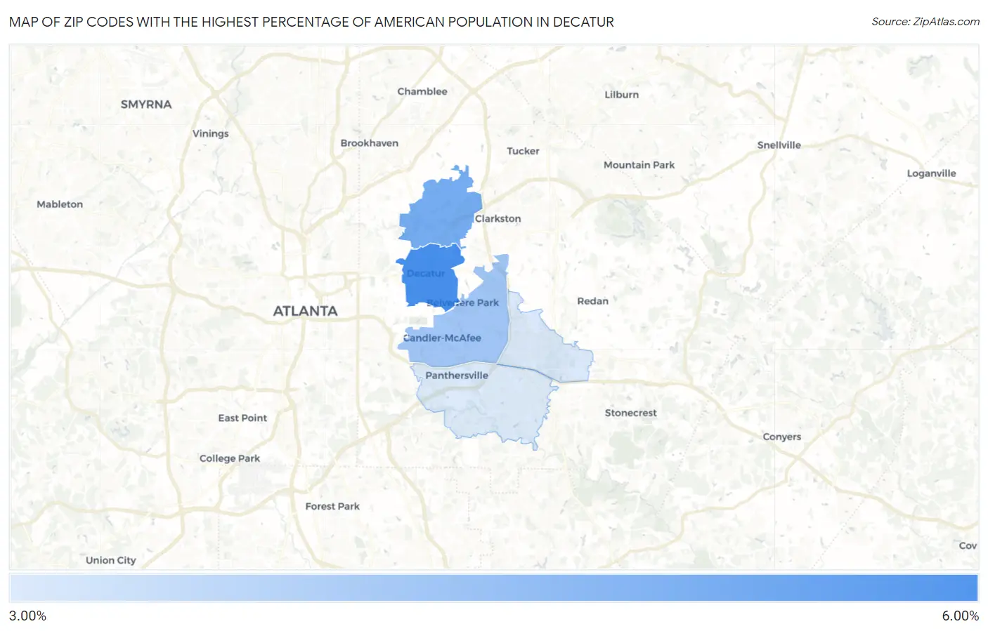 Zip Codes with the Highest Percentage of American Population in Decatur Map