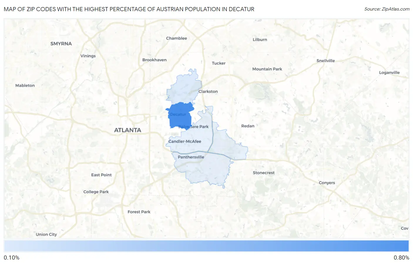 Zip Codes with the Highest Percentage of Austrian Population in Decatur Map