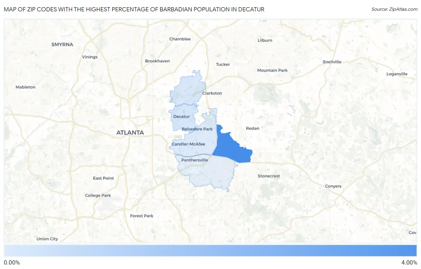 Zip Codes with the Highest Percentage of Barbadian Population in Decatur Map