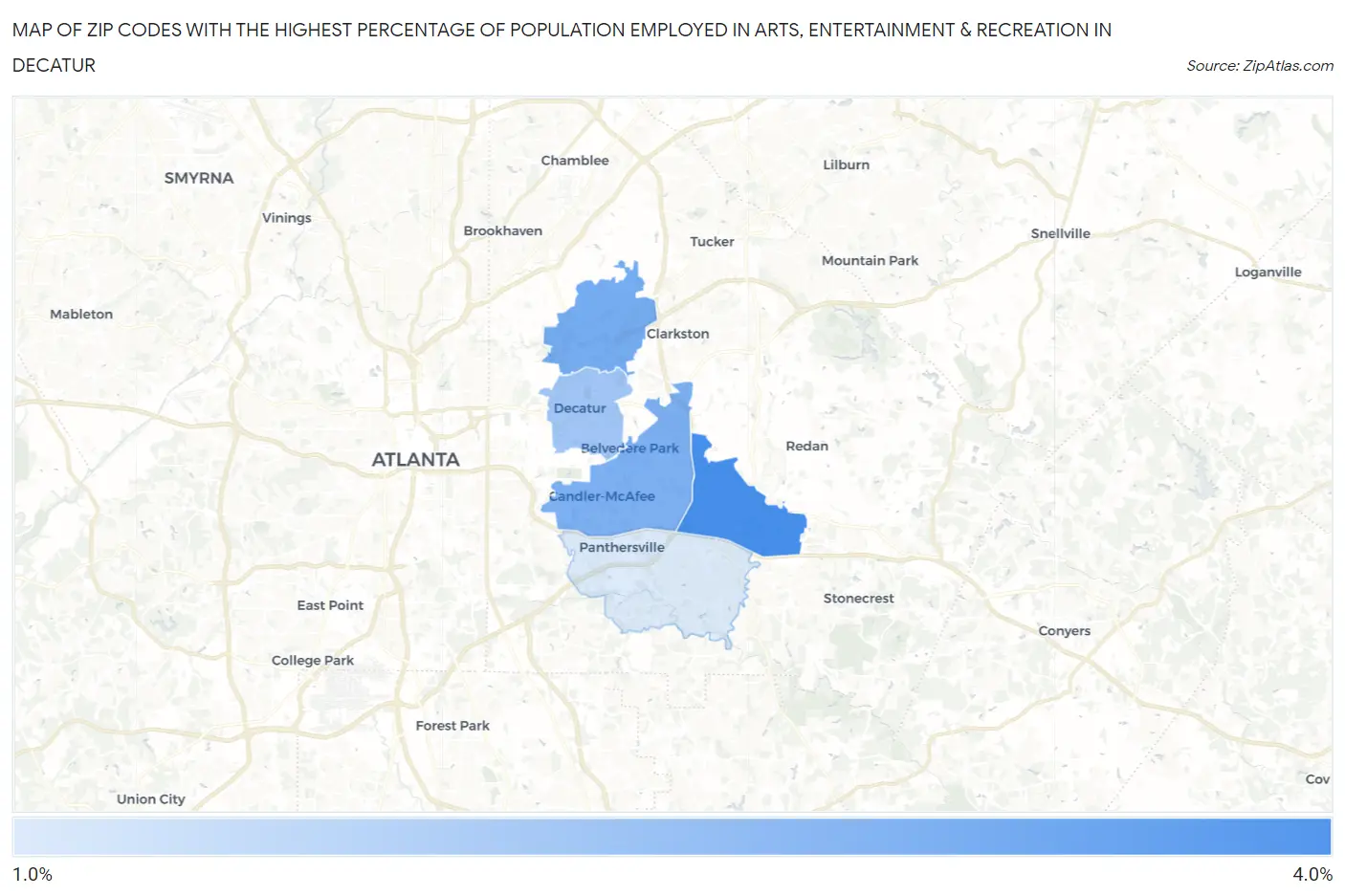 Zip Codes with the Highest Percentage of Population Employed in Arts, Entertainment & Recreation in Decatur Map