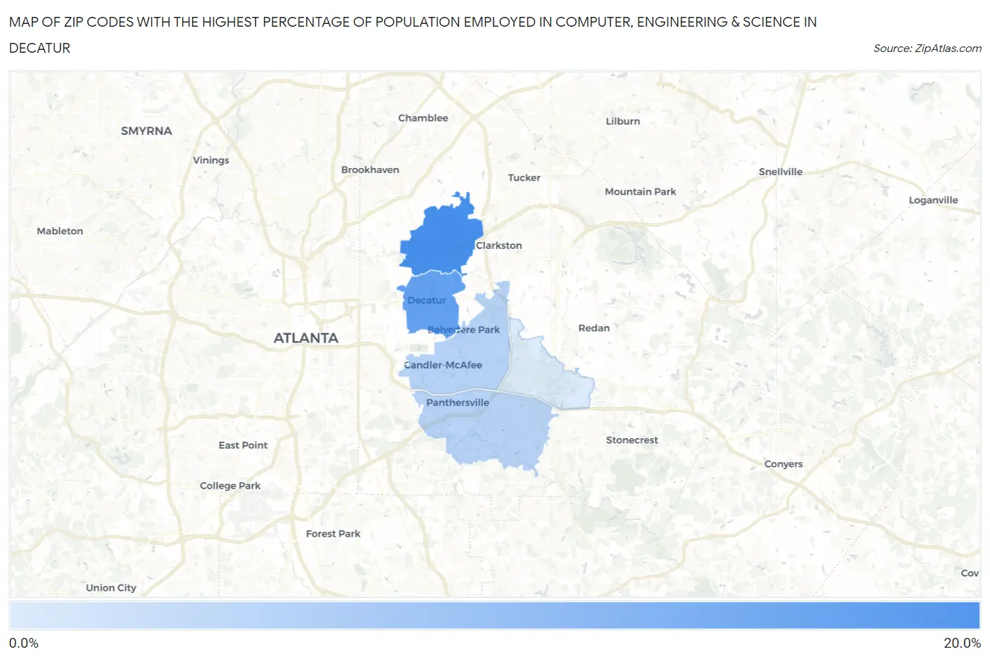 Zip Codes with the Highest Percentage of Population Employed in Computer, Engineering & Science in Decatur Map