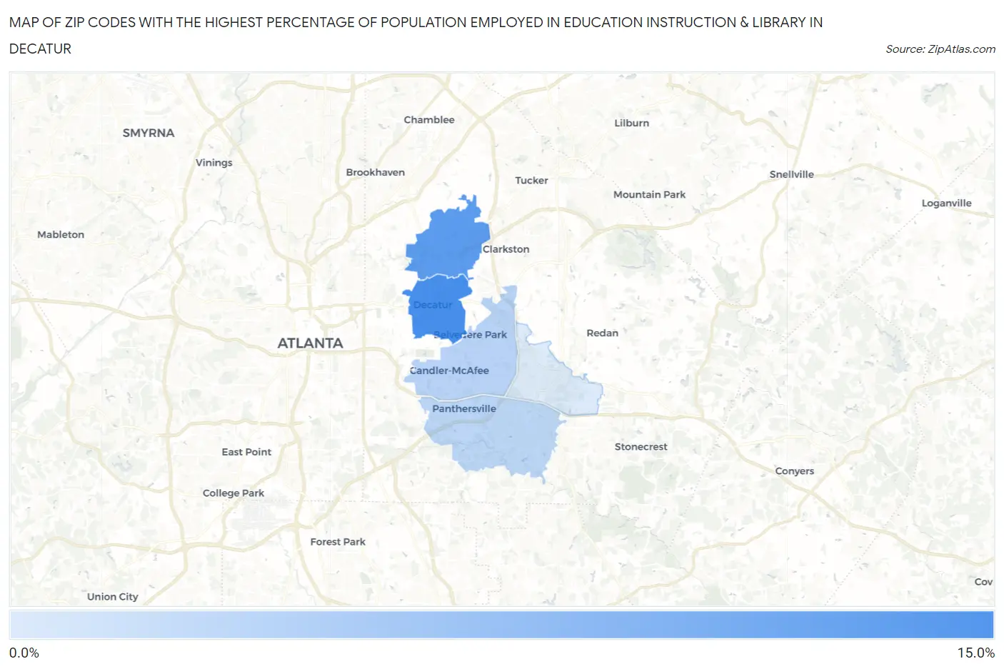 Zip Codes with the Highest Percentage of Population Employed in Education Instruction & Library in Decatur Map
