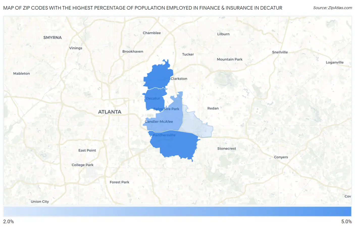 Zip Codes with the Highest Percentage of Population Employed in Finance & Insurance in Decatur Map