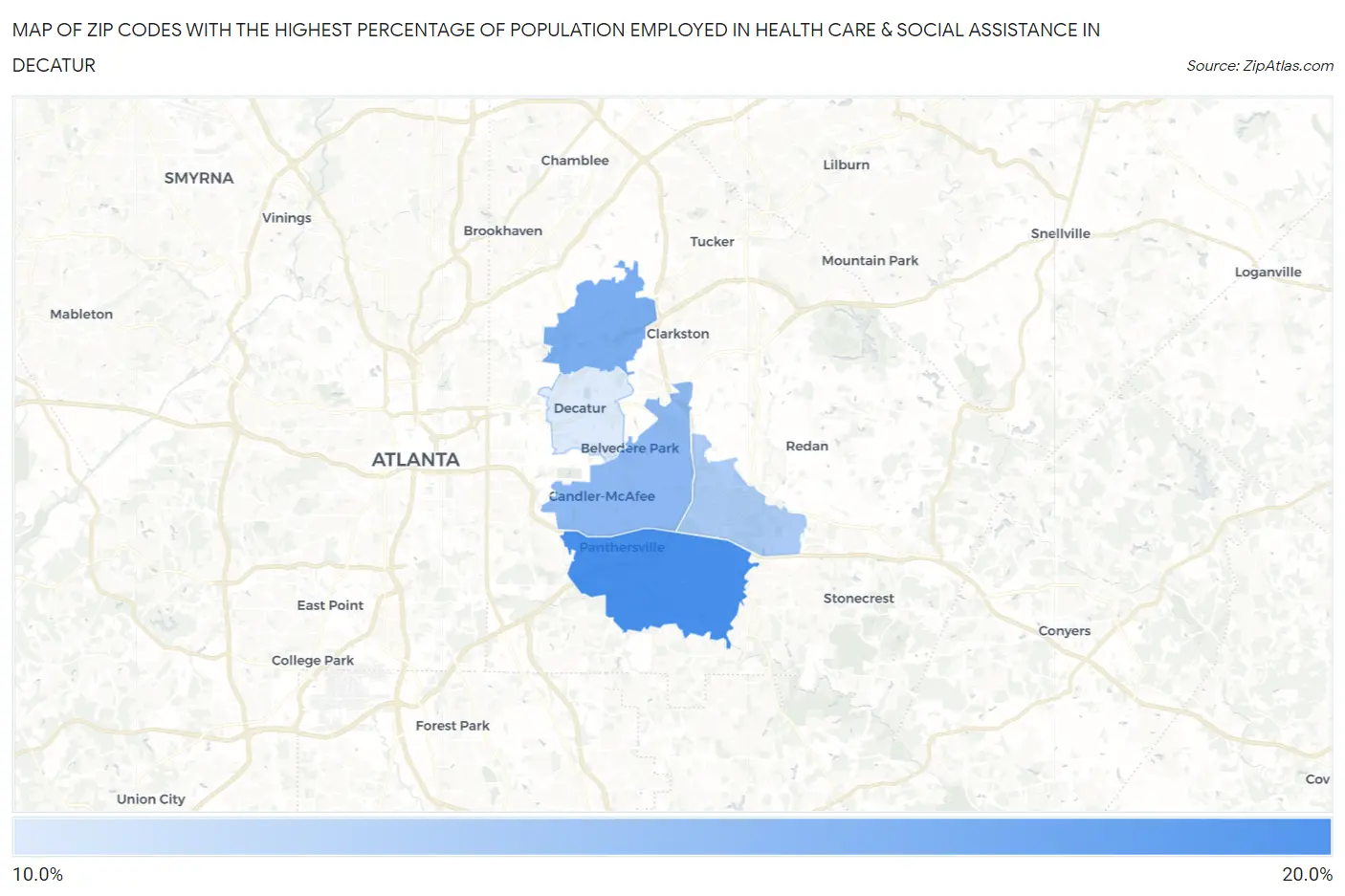 Zip Codes with the Highest Percentage of Population Employed in Health Care & Social Assistance in Decatur Map