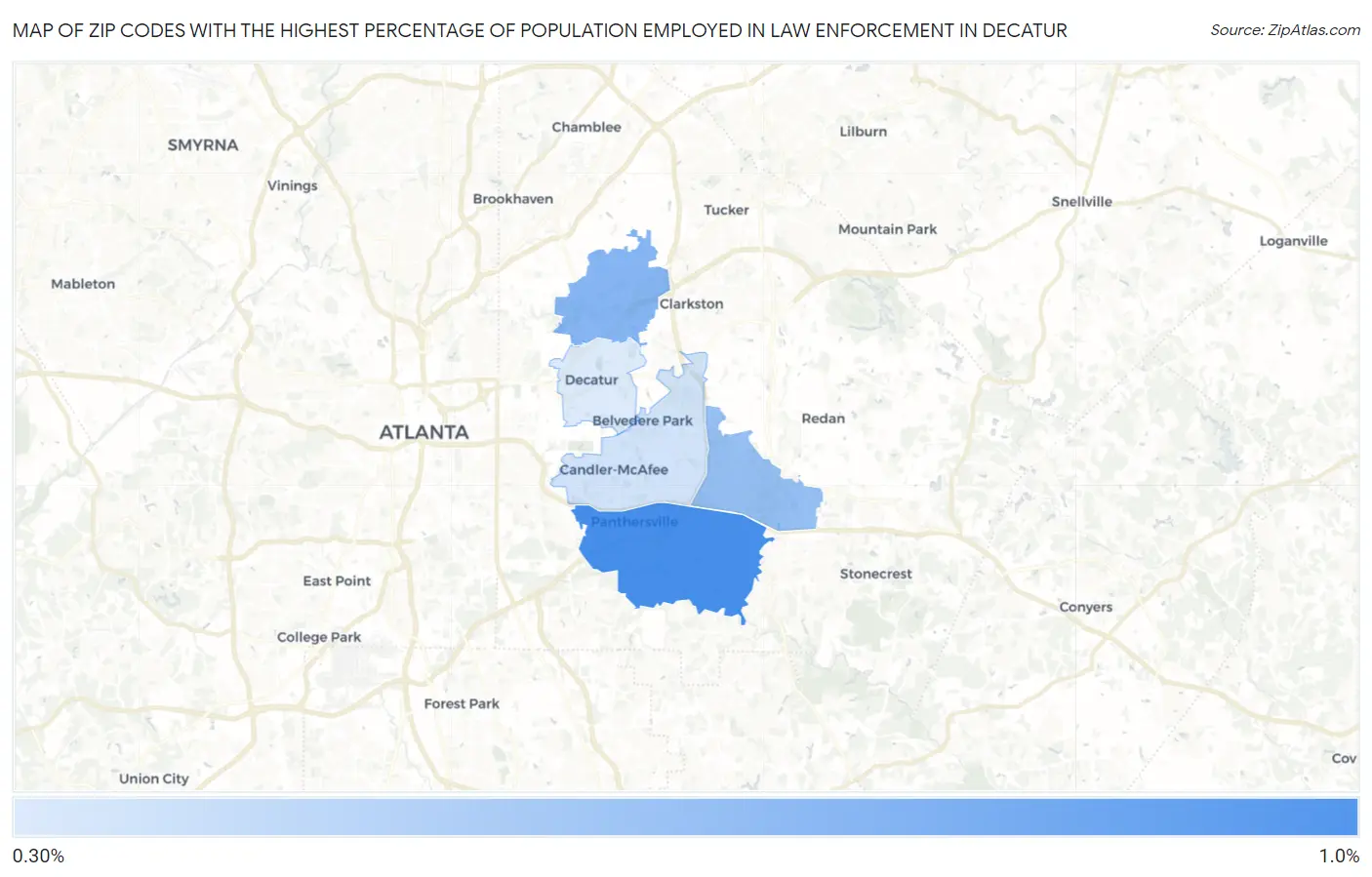 Zip Codes with the Highest Percentage of Population Employed in Law Enforcement in Decatur Map