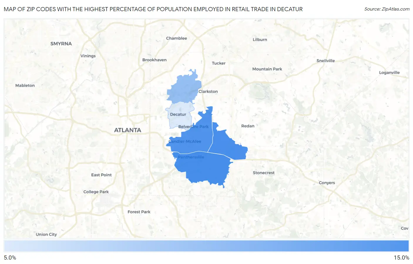 Zip Codes with the Highest Percentage of Population Employed in Retail Trade in Decatur Map