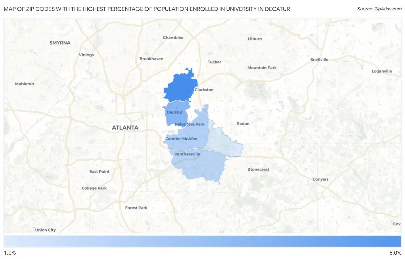 Zip Codes with the Highest Percentage of Population Enrolled in University in Decatur Map