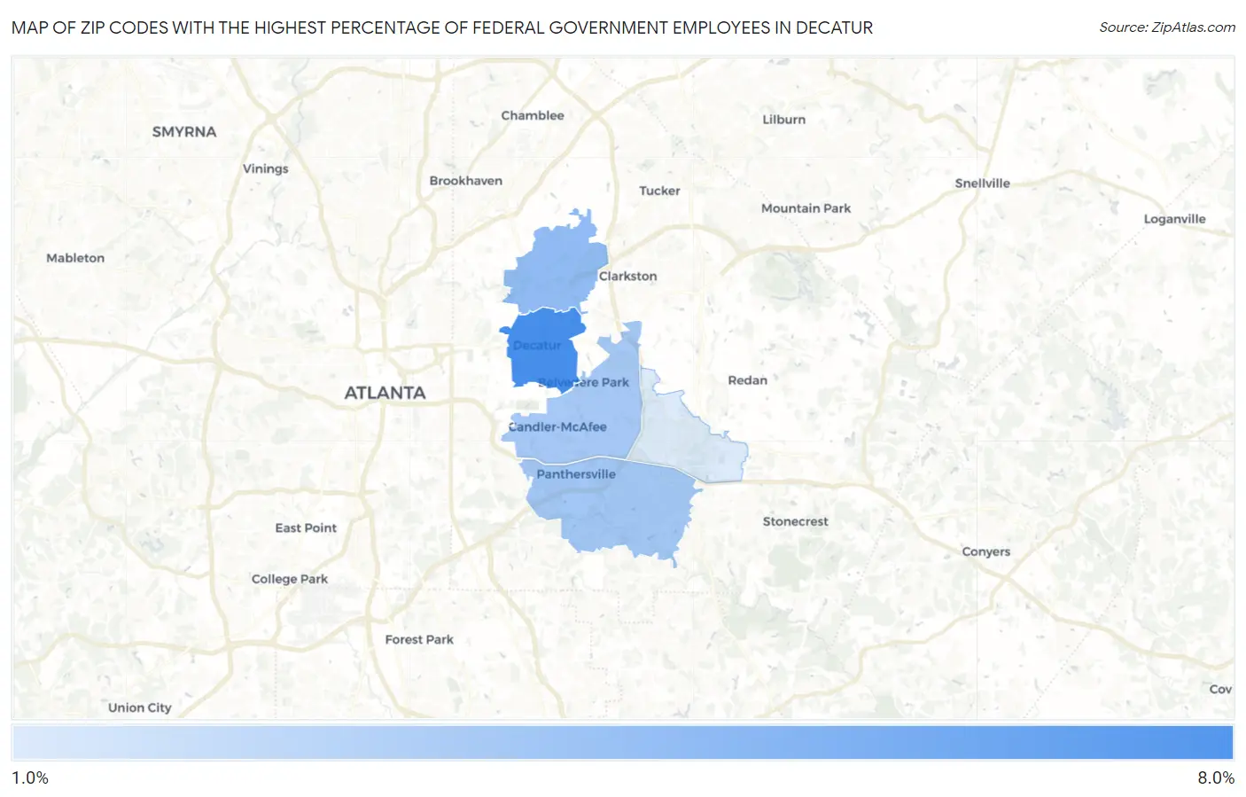 Zip Codes with the Highest Percentage of Federal Government Employees in Decatur Map