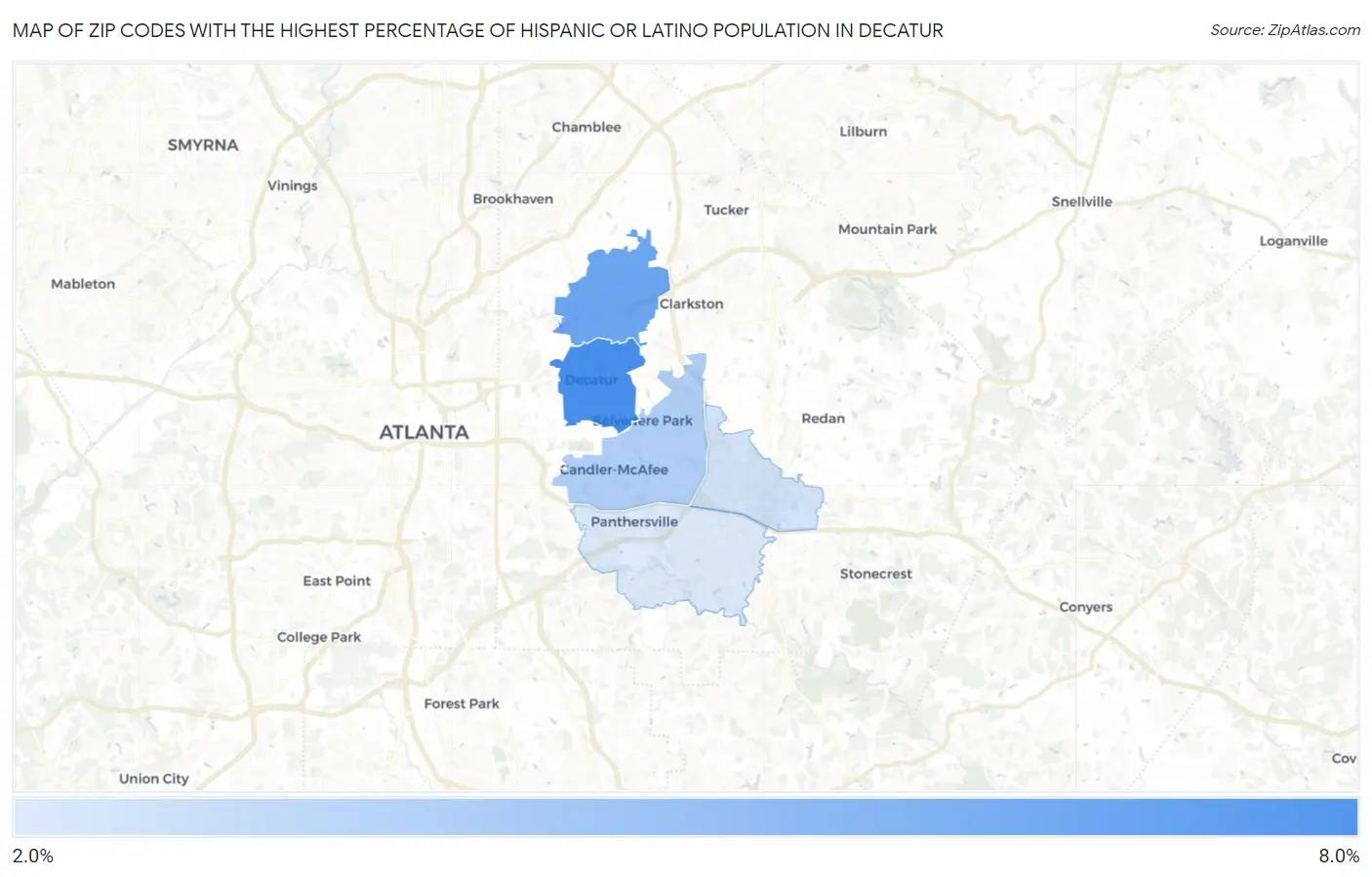 Zip Codes with the Highest Percentage of Hispanic or Latino Population in Decatur Map