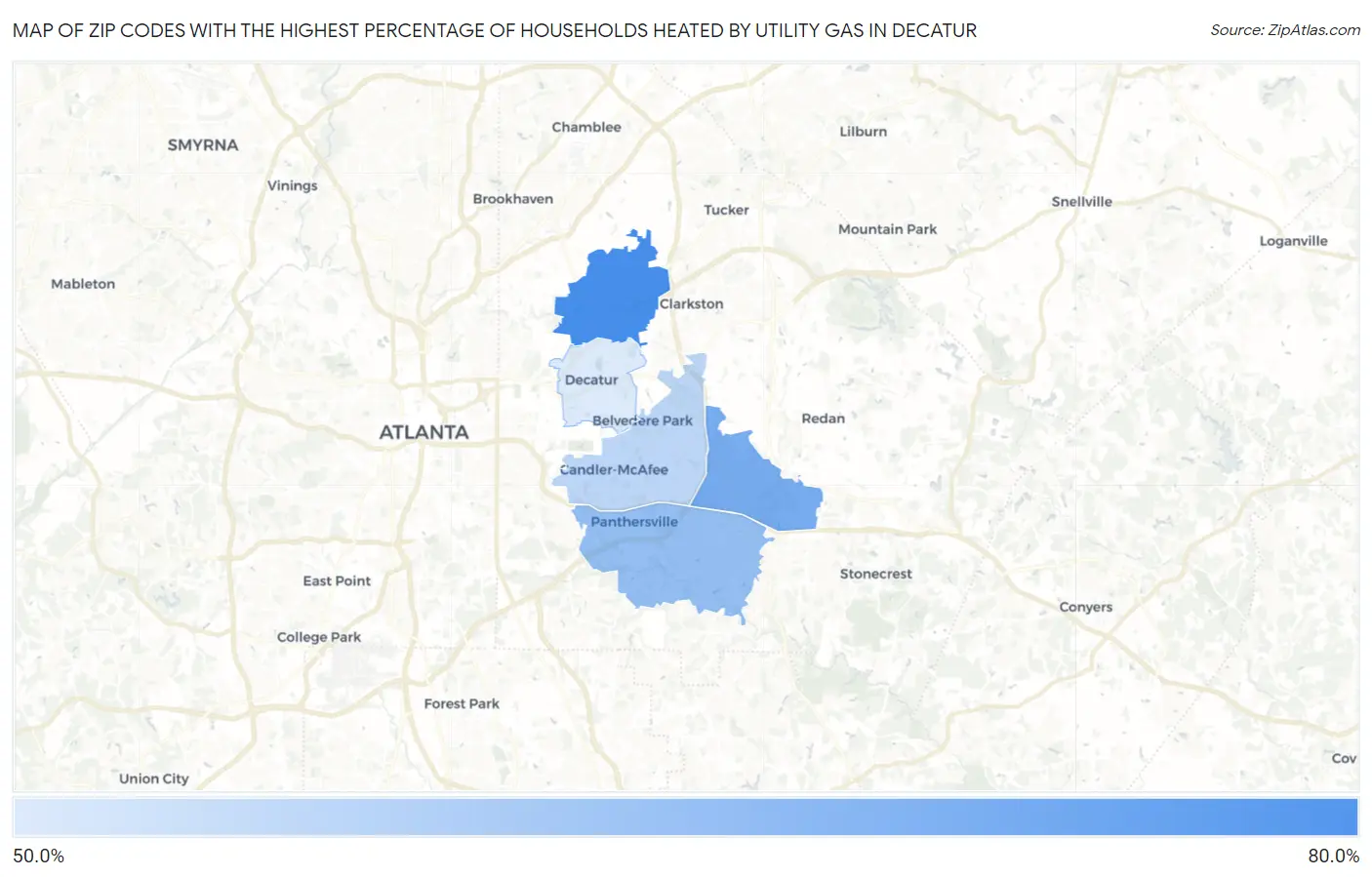 Zip Codes with the Highest Percentage of Households Heated by Utility Gas in Decatur Map
