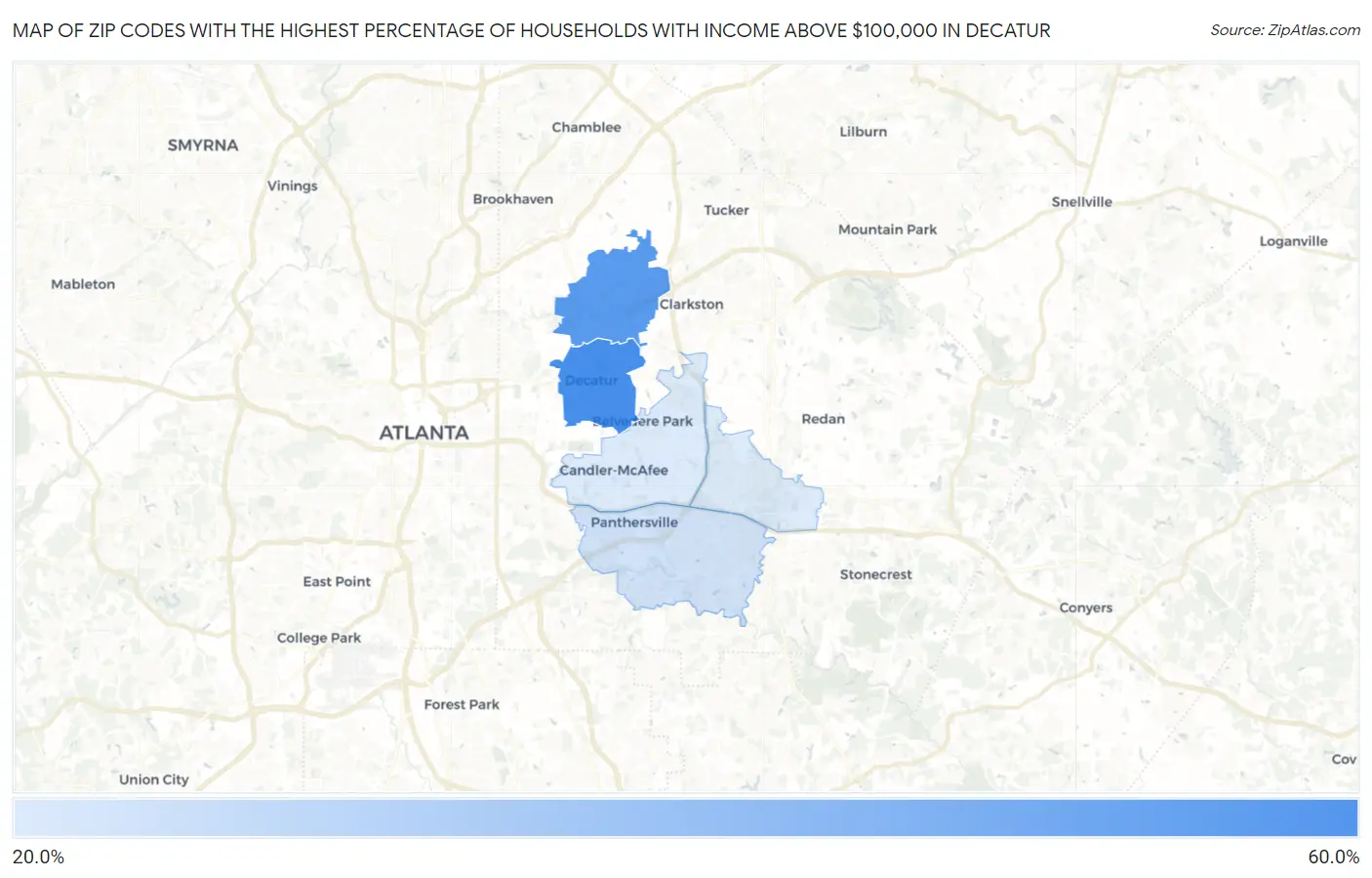 Zip Codes with the Highest Percentage of Households with Income Above $100,000 in Decatur Map