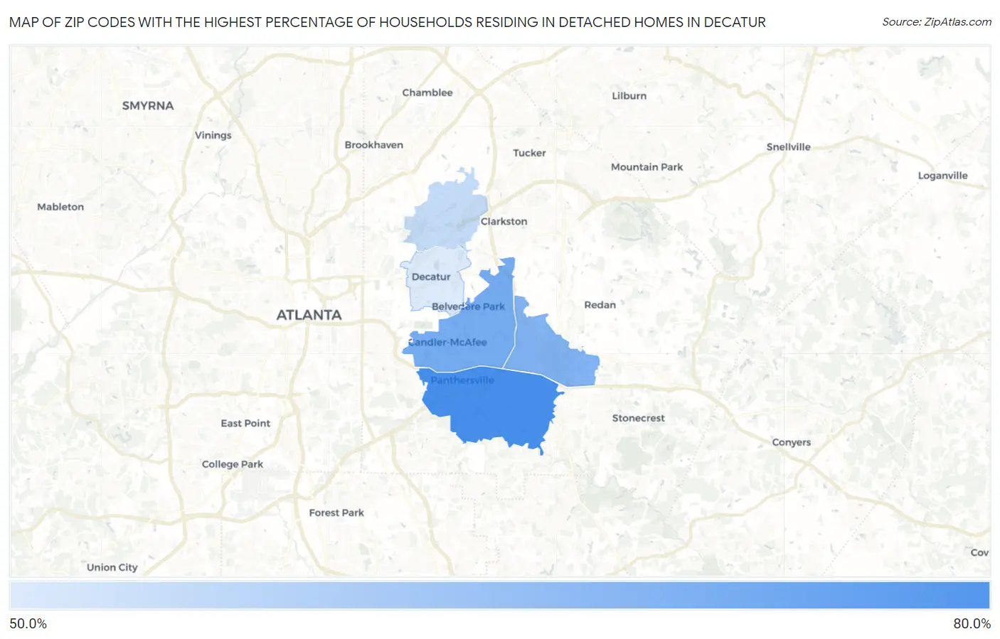 Zip Codes with the Highest Percentage of Households Residing in Detached Homes in Decatur Map