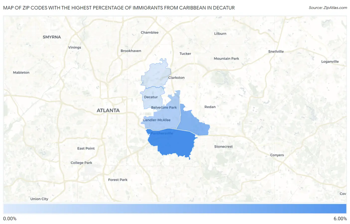 Zip Codes with the Highest Percentage of Immigrants from Caribbean in Decatur Map