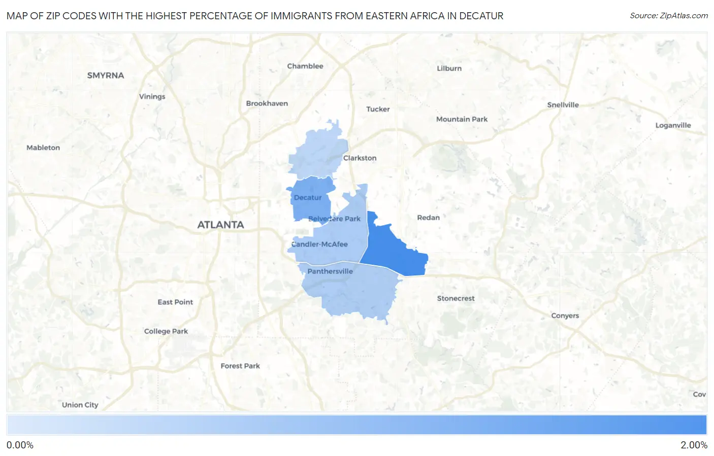 Zip Codes with the Highest Percentage of Immigrants from Eastern Africa in Decatur Map