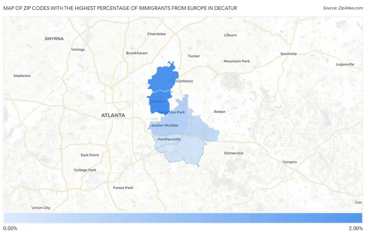 Zip Codes with the Highest Percentage of Immigrants from Europe in Decatur Map