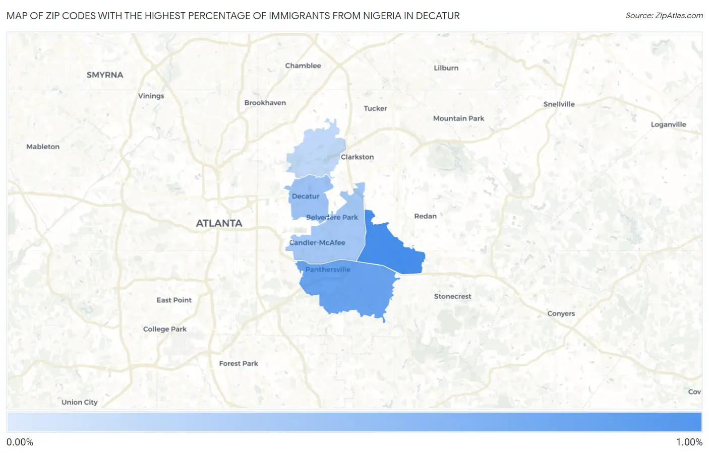 Zip Codes with the Highest Percentage of Immigrants from Nigeria in Decatur Map