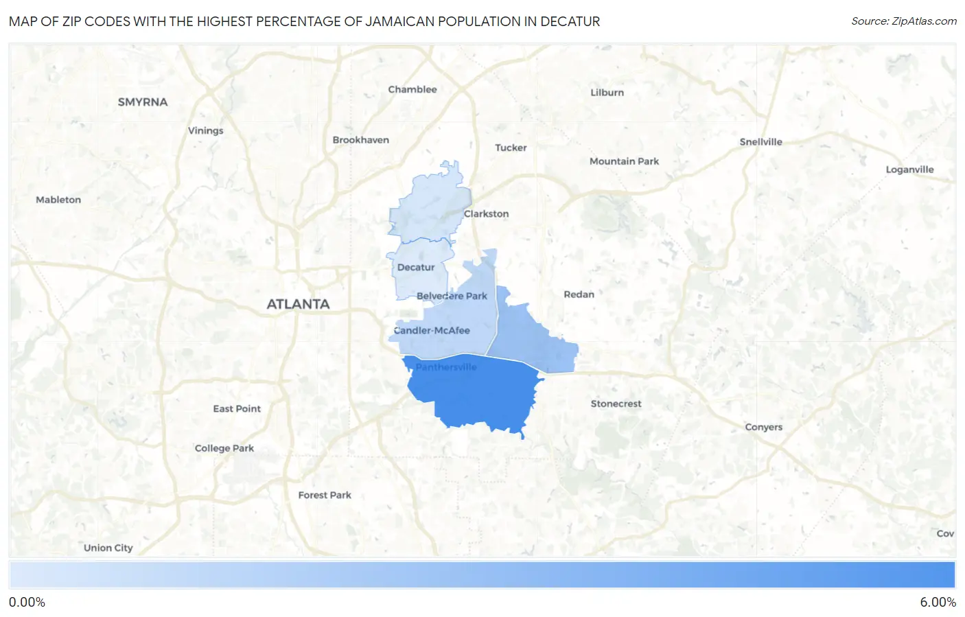 Zip Codes with the Highest Percentage of Jamaican Population in Decatur Map