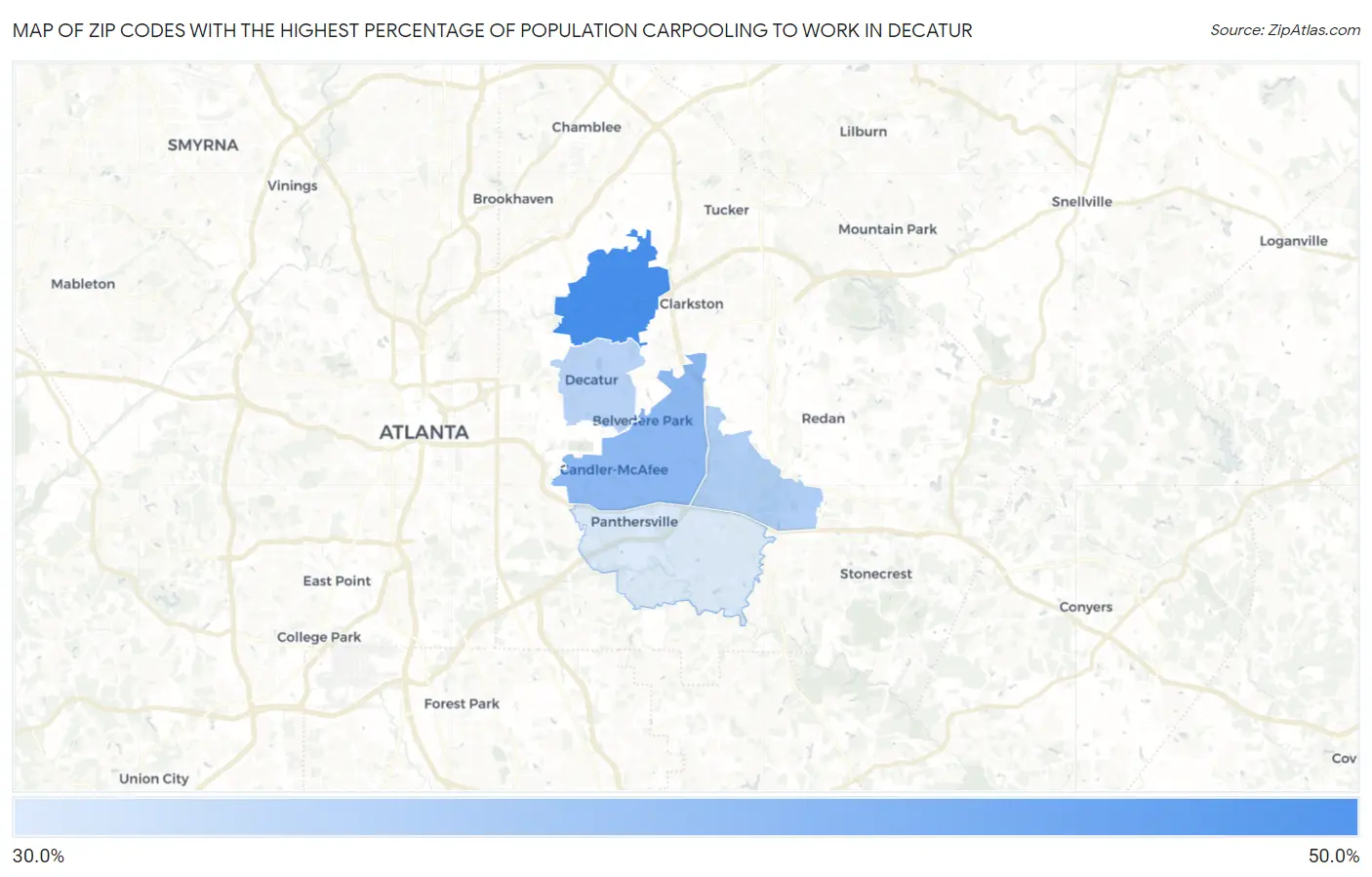 Zip Codes with the Highest Percentage of Population Carpooling to Work in Decatur Map
