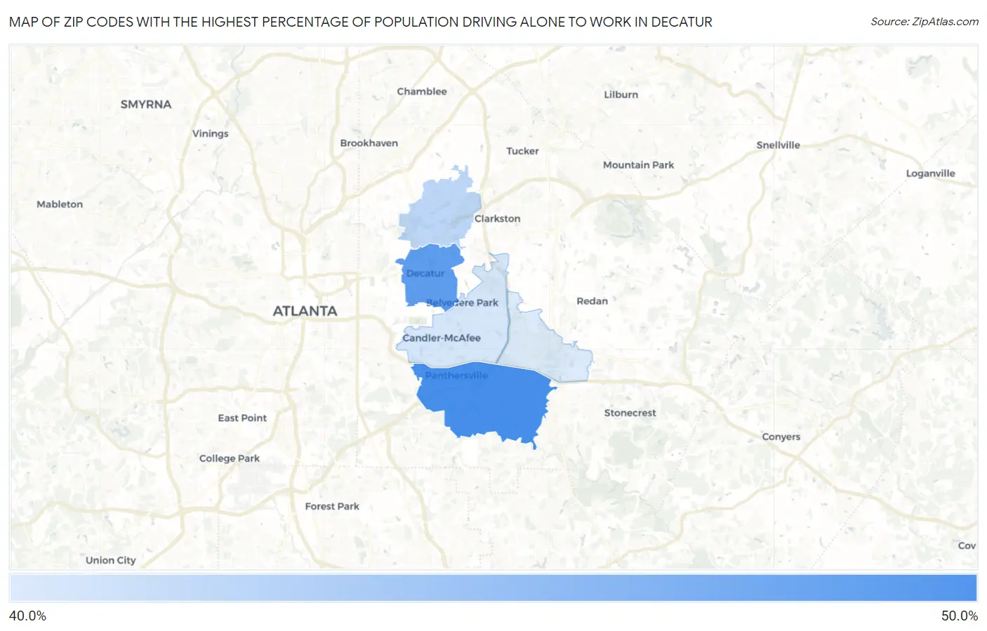 Zip Codes with the Highest Percentage of Population Driving Alone to Work in Decatur Map