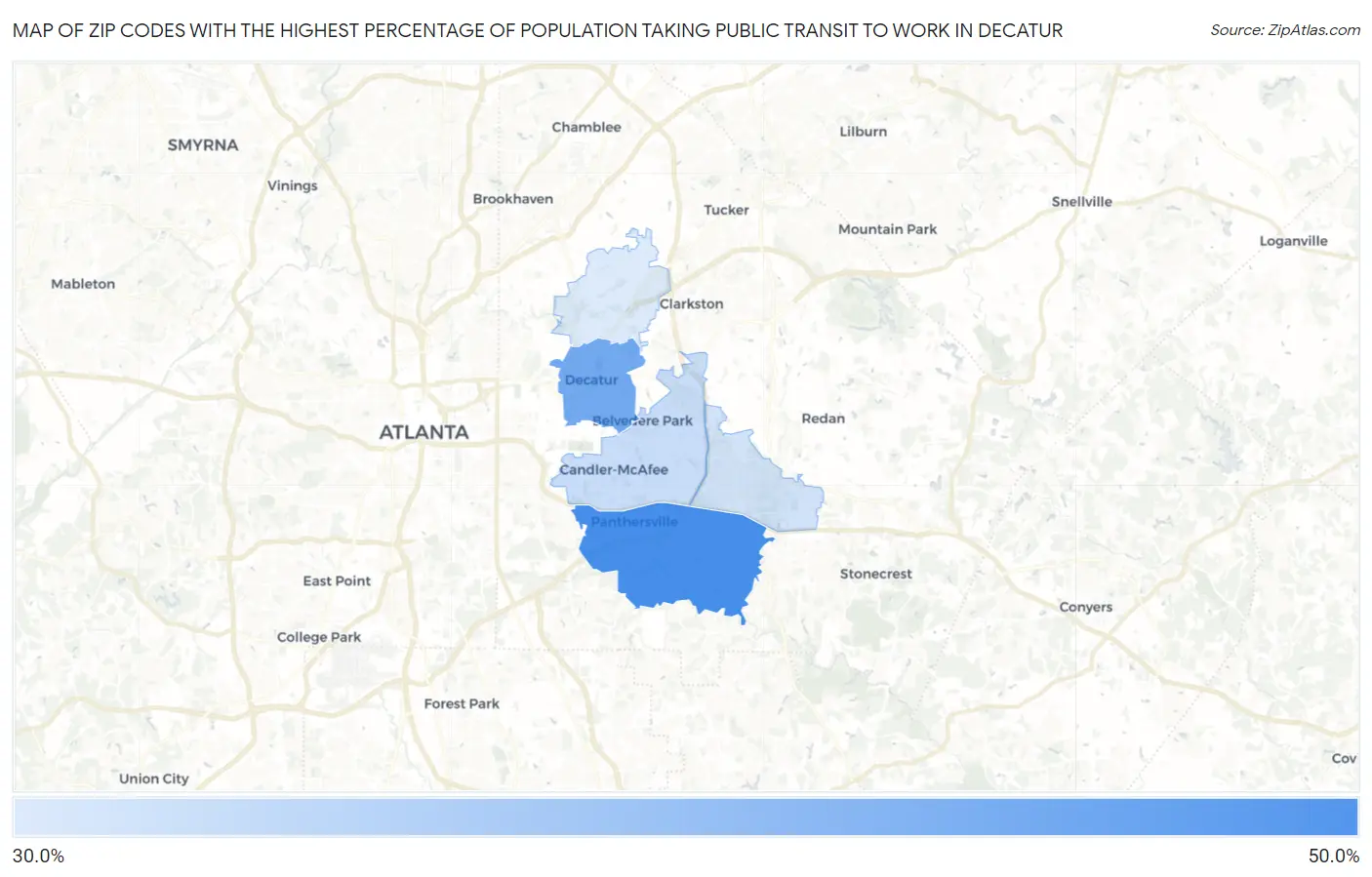 Zip Codes with the Highest Percentage of Population Taking Public Transit to Work in Decatur Map