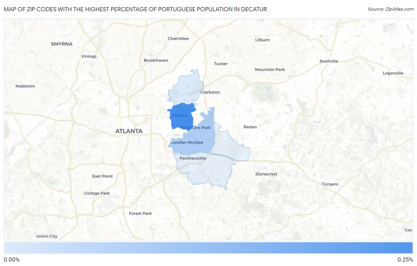 Zip Codes with the Highest Percentage of Portuguese Population in Decatur Map