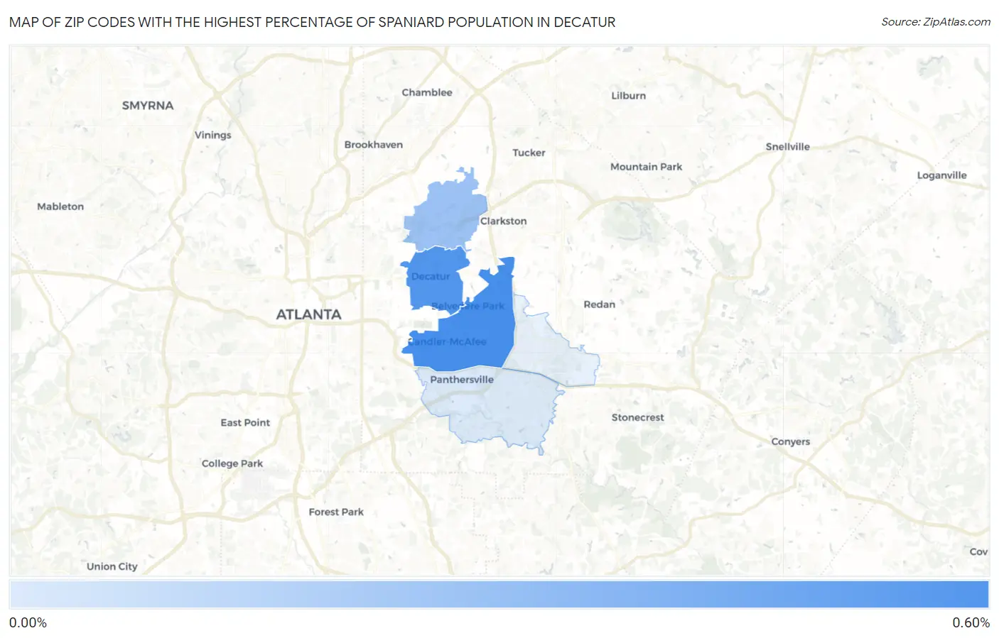 Zip Codes with the Highest Percentage of Spaniard Population in Decatur Map