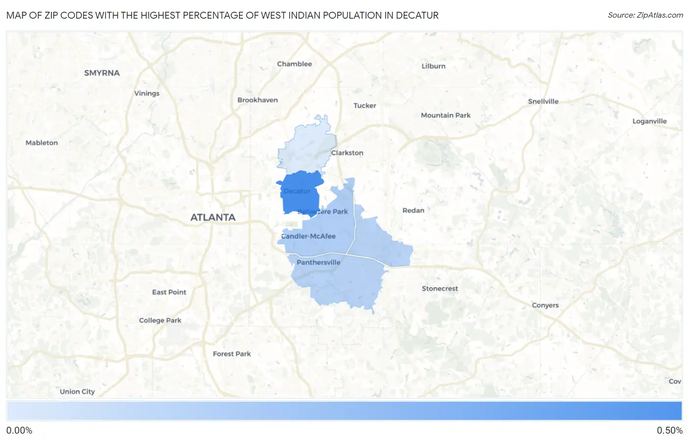 Zip Codes with the Highest Percentage of West Indian Population in Decatur Map