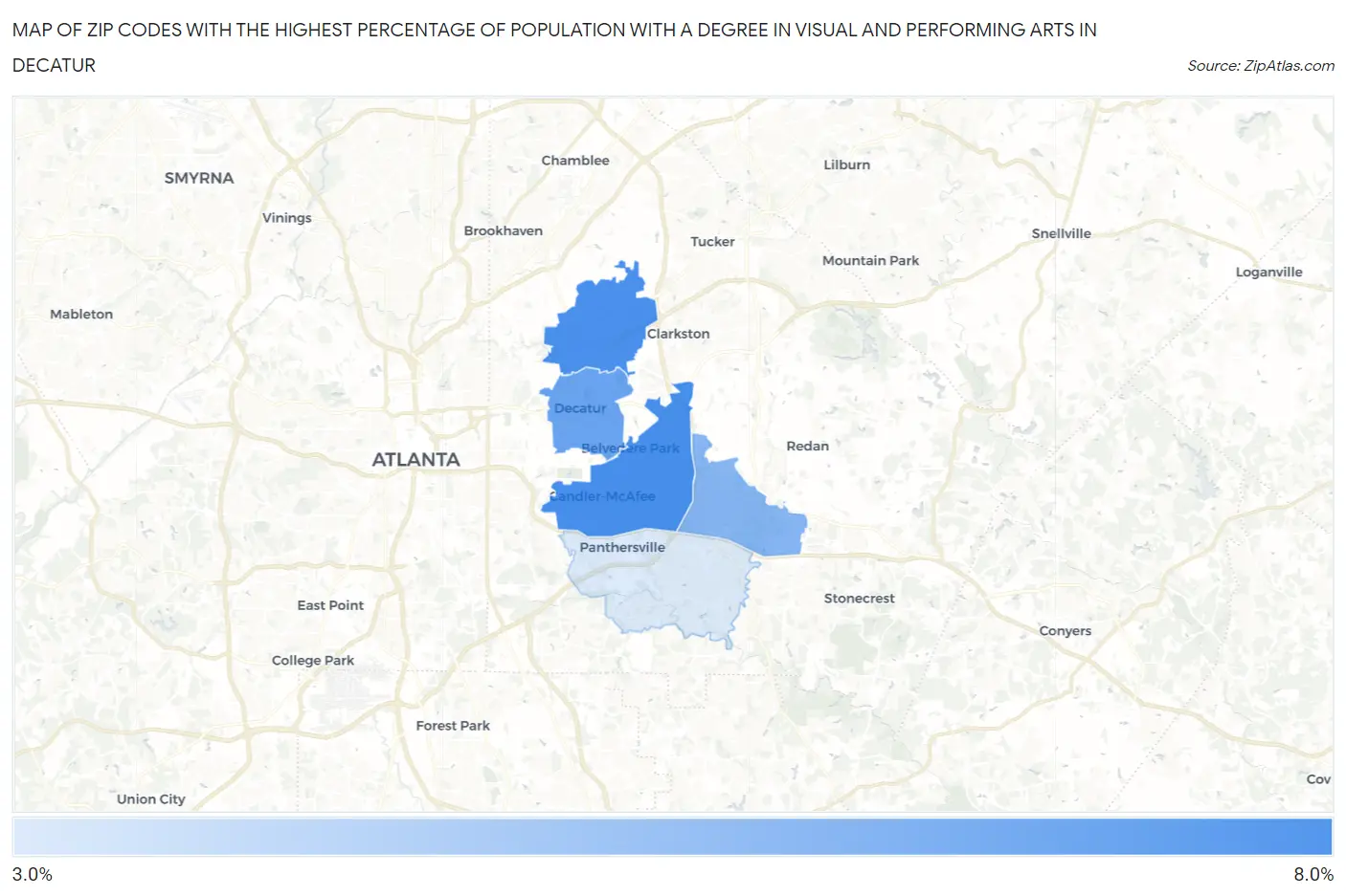 Zip Codes with the Highest Percentage of Population with a Degree in Visual and Performing Arts in Decatur Map