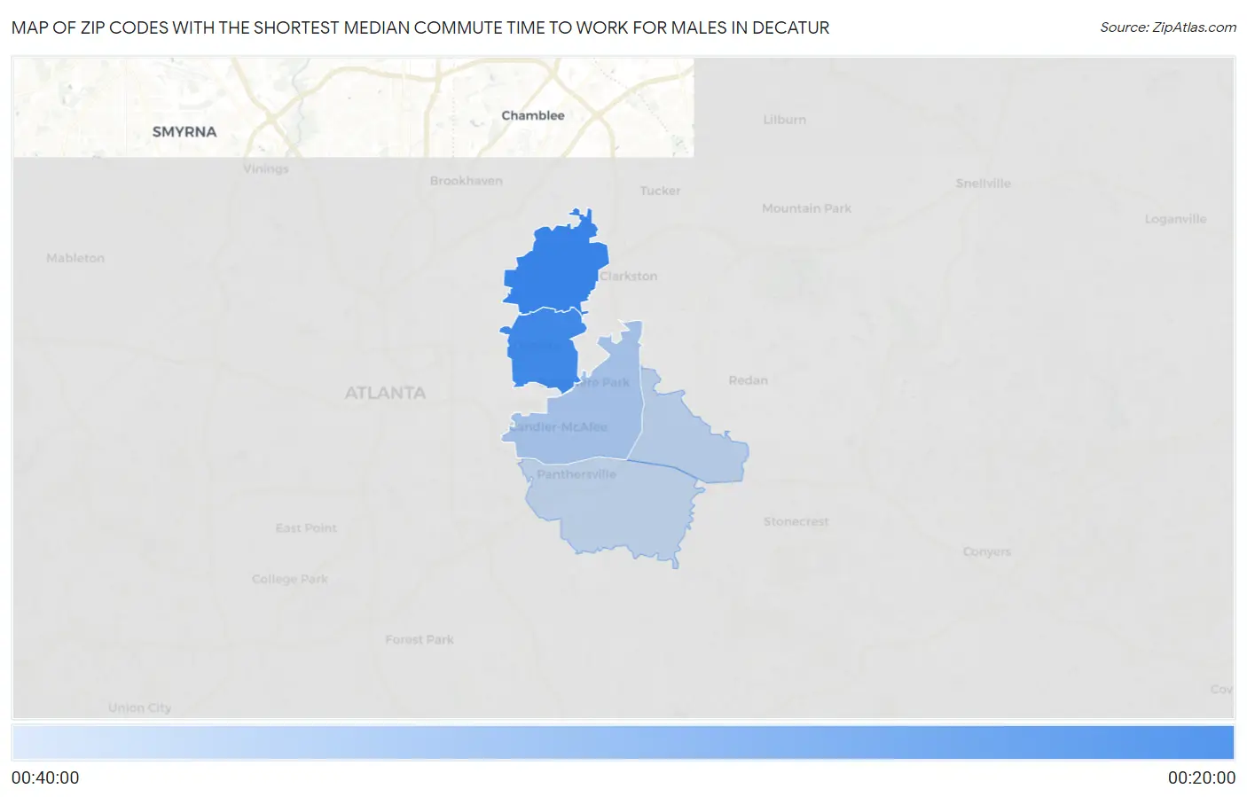 Zip Codes with the Shortest Median Commute Time to Work for Males in Decatur Map