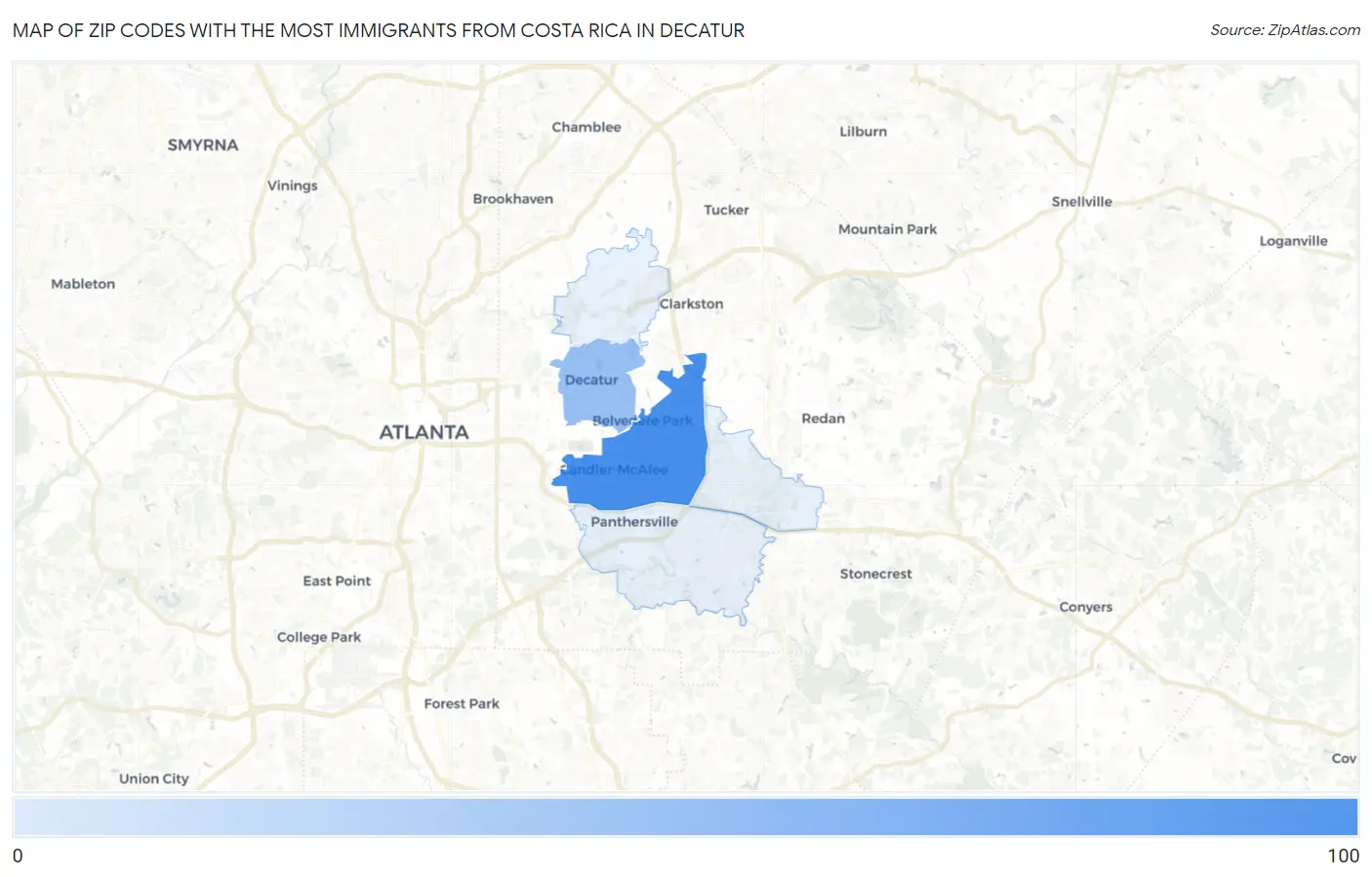 Zip Codes with the Most Immigrants from Costa Rica in Decatur Map