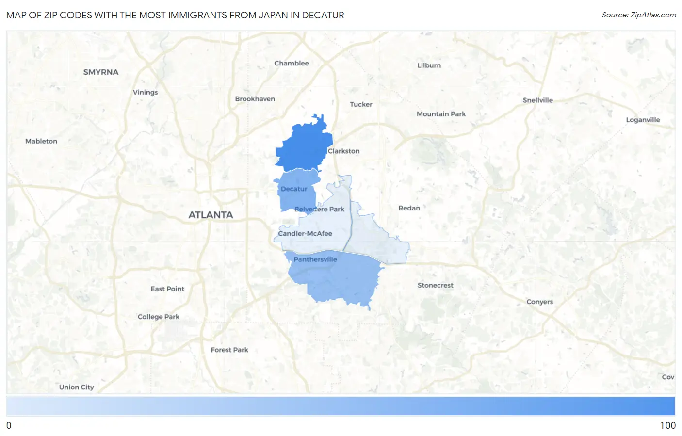 Zip Codes with the Most Immigrants from Japan in Decatur Map