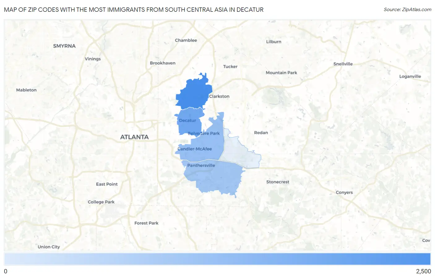 Zip Codes with the Most Immigrants from South Central Asia in Decatur Map