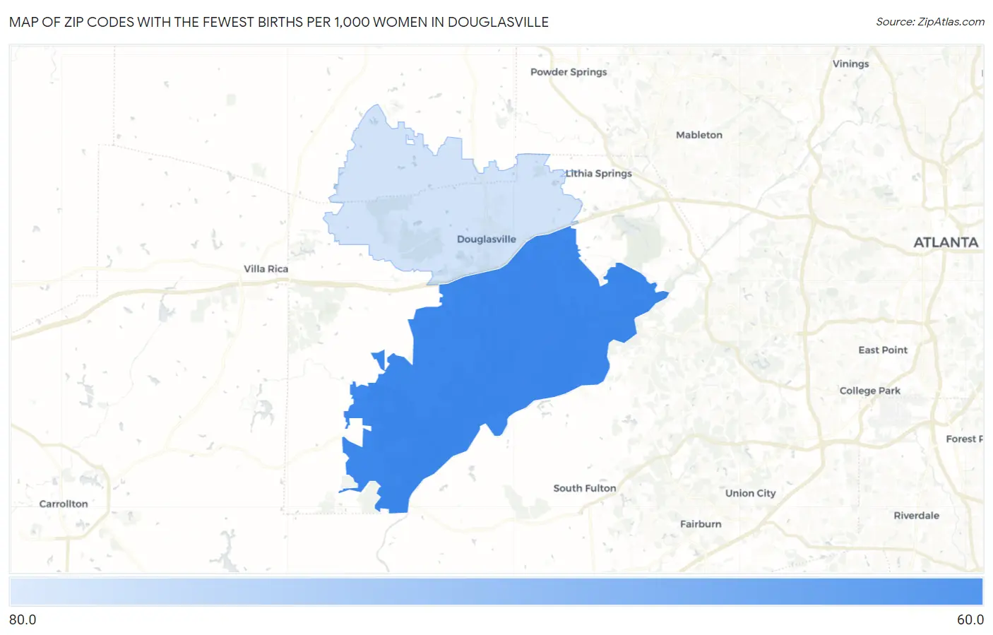 Zip Codes with the Fewest Births per 1,000 Women in Douglasville Map