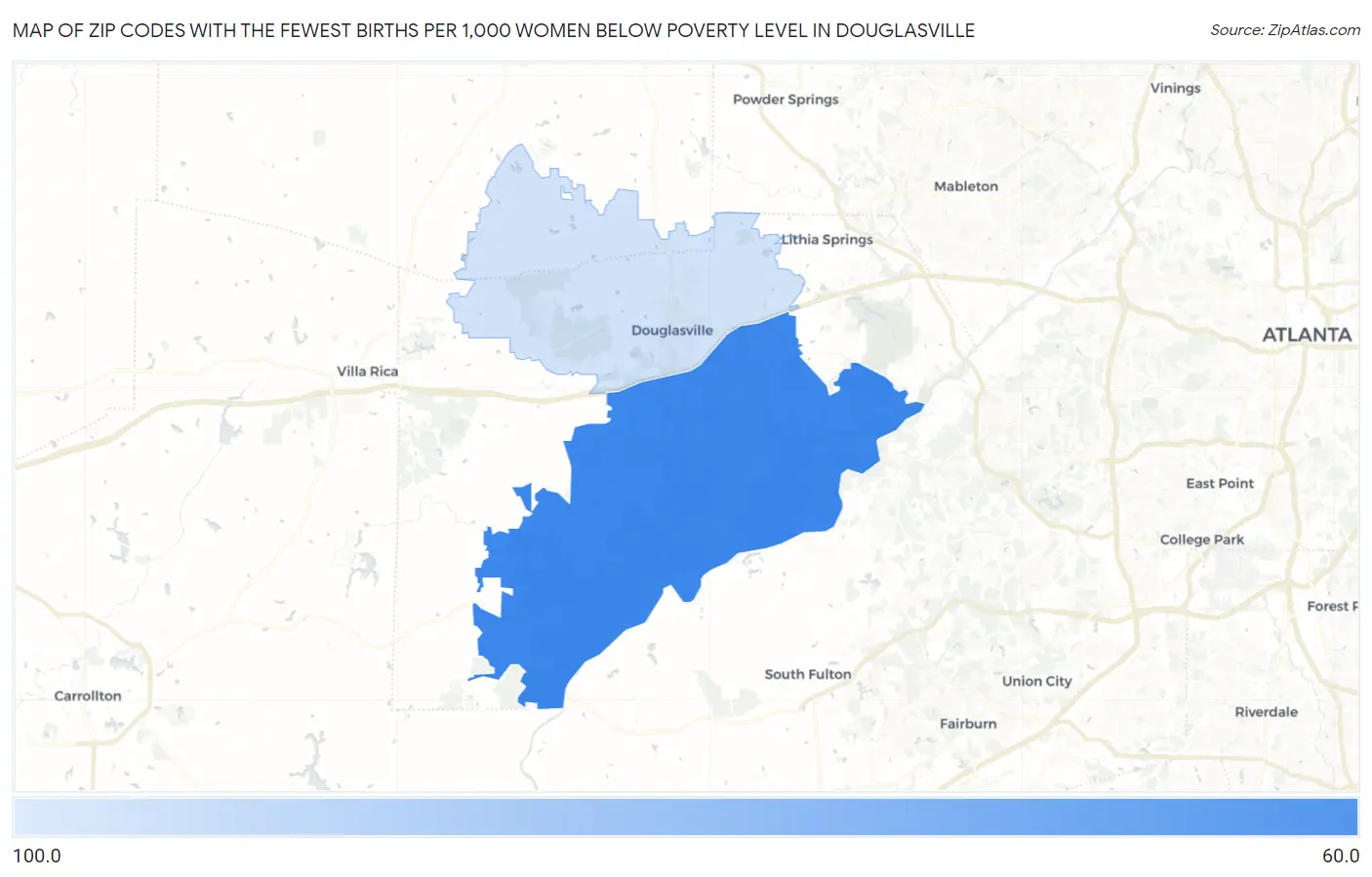 Zip Codes with the Fewest Births per 1,000 Women Below Poverty Level in Douglasville Map