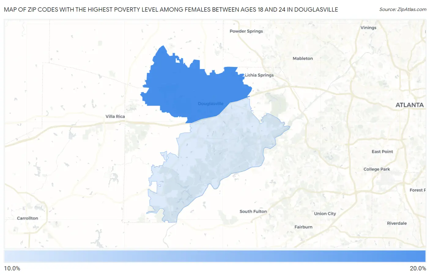 Zip Codes with the Highest Poverty Level Among Females Between Ages 18 and 24 in Douglasville Map