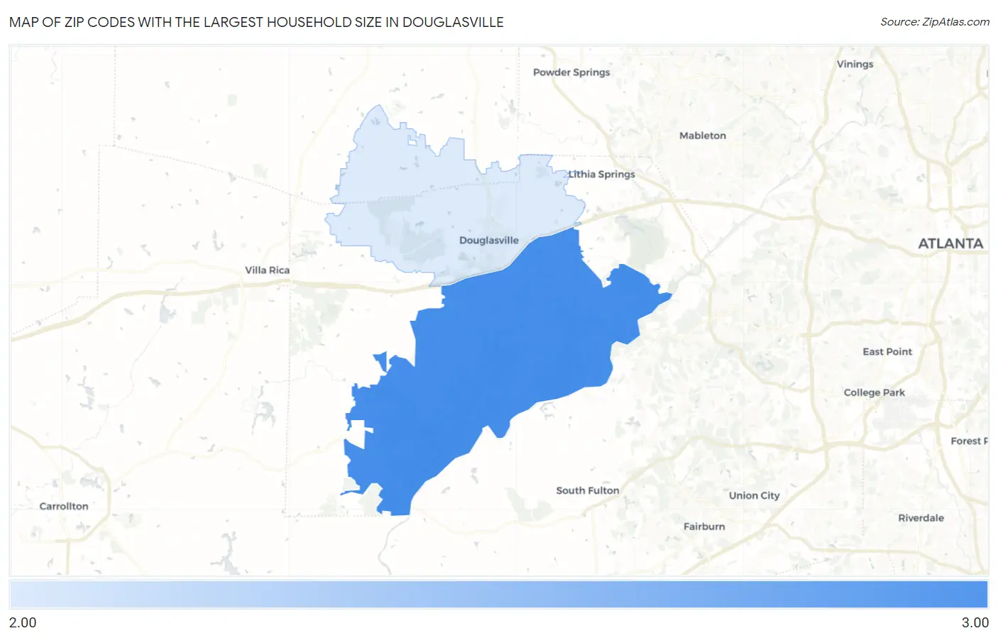 Zip Codes with the Largest Household Size in Douglasville Map