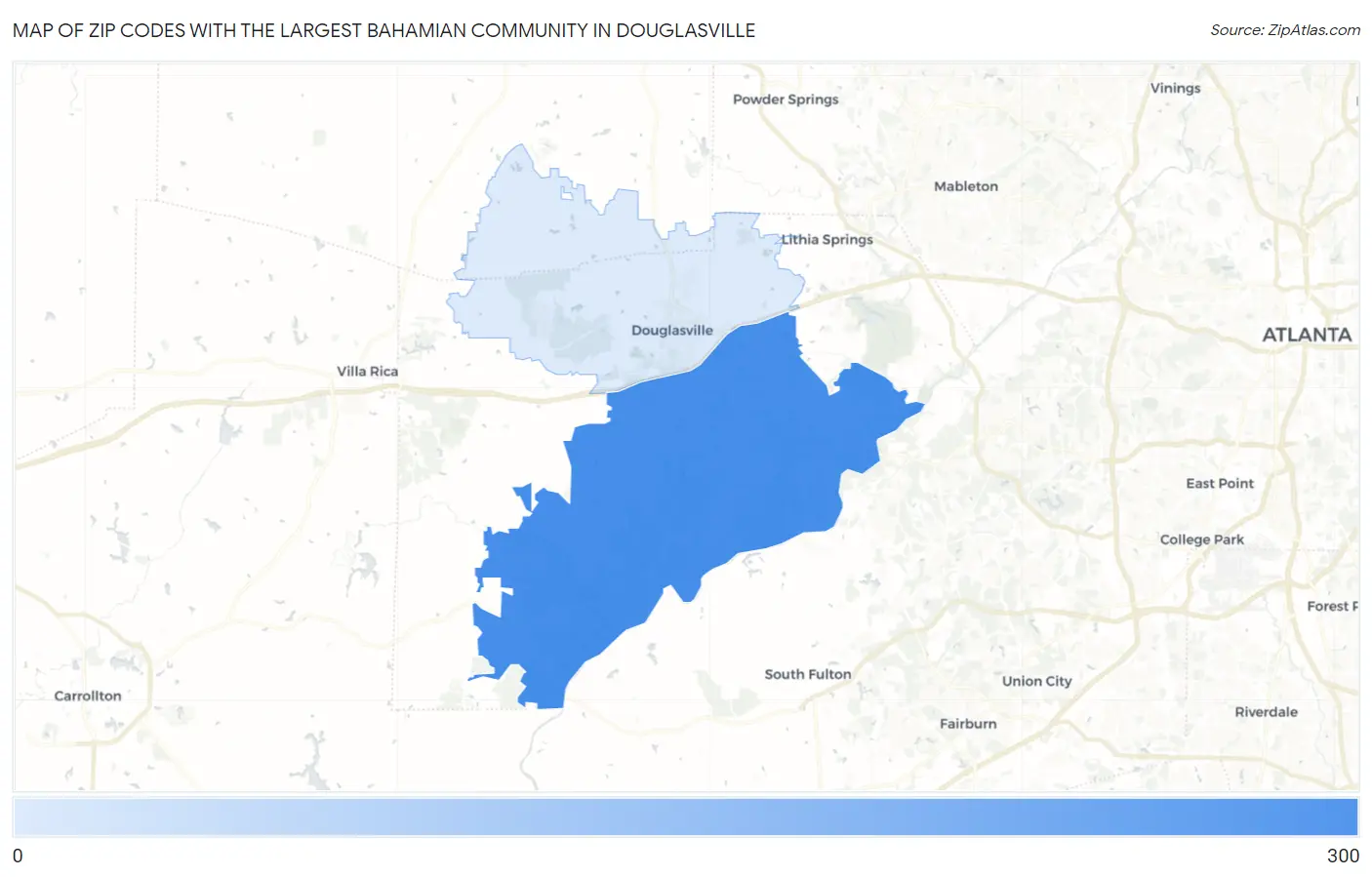 Zip Codes with the Largest Bahamian Community in Douglasville Map