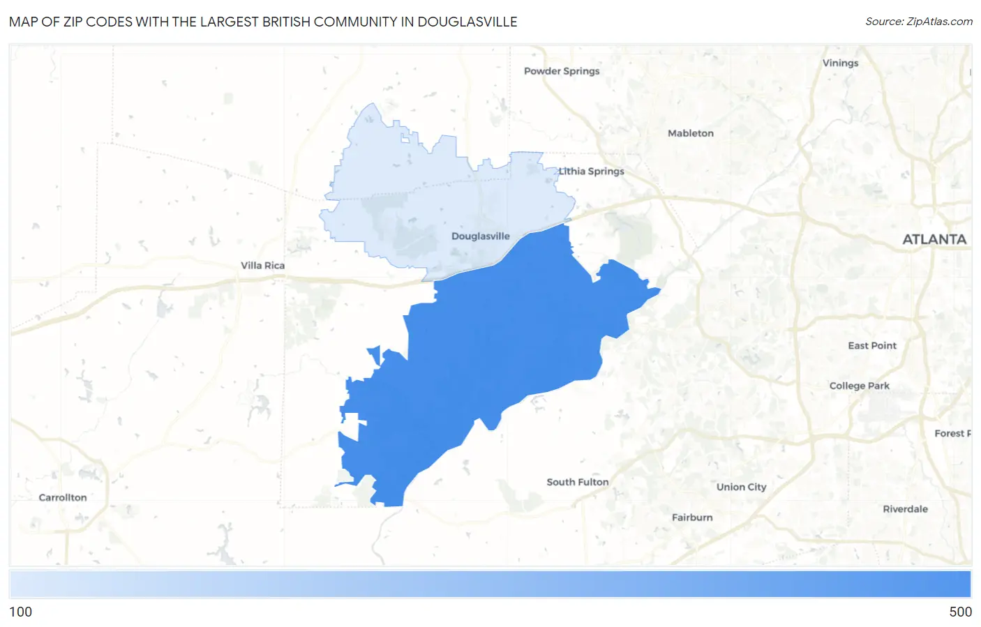 Zip Codes with the Largest British Community in Douglasville Map