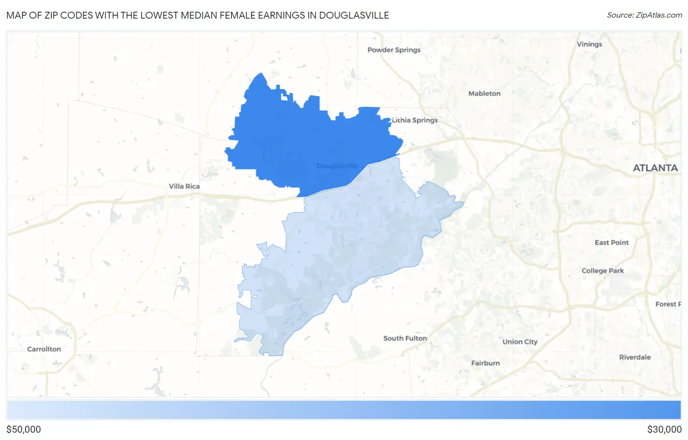 Zip Codes with the Lowest Median Female Earnings in Douglasville Map