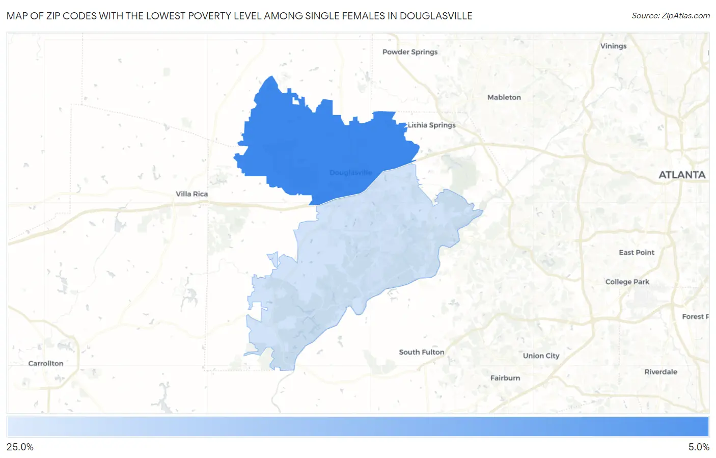 Zip Codes with the Lowest Poverty Level Among Single Females in Douglasville Map