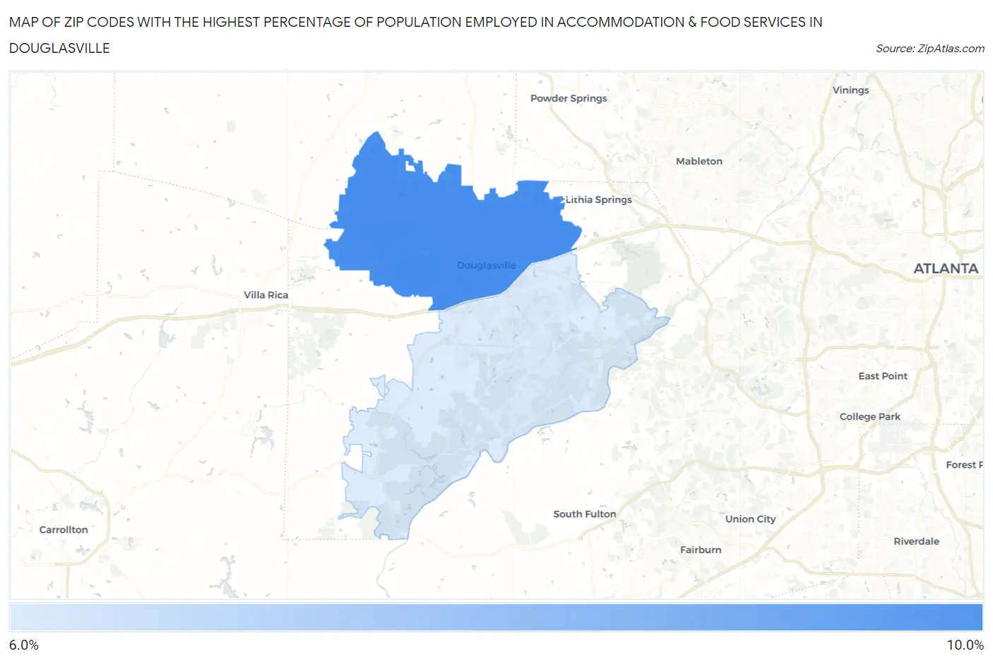 Zip Codes with the Highest Percentage of Population Employed in Accommodation & Food Services in Douglasville Map
